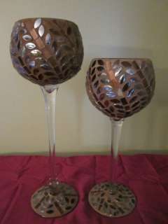 NEW 2 PC MOSAIC GLASS VOTIVE TEALIGHT CANDLE HOLDERS GOBLET AMBER 