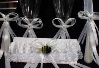 Bubble Bee Wedding Cake Topper LOT Glasses Knife set  