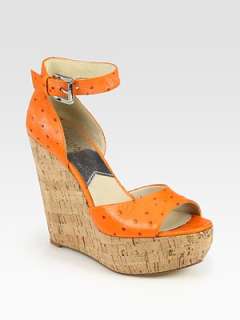   KORS   Ariana Ostrich Print Leather Cork Wedge Sandals   