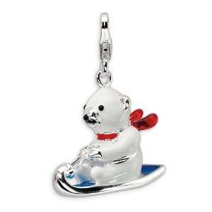 Sterling Silver 3 D Enameled Polar Bear on Sled with Lobster Clasp 