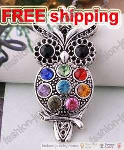 retro colorized crystal and antique silver owl necklace pendant  