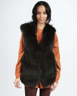 Fox Fur Vest, Oversized Silk Shirt & Suede Leggings