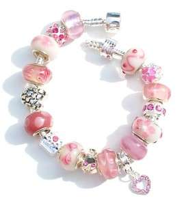 PINK  Silver SP Charm Bracelet & 18 Crystal/Glass Beads  