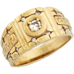  Yellow Gold Unique Mens CZ Ring with Greek Key Design on Band Jewelry