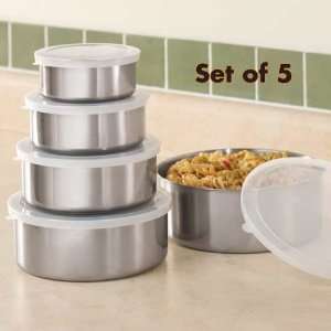  5 PC Stainless Steel Bowl Set with Lids: Kitchen & Dining