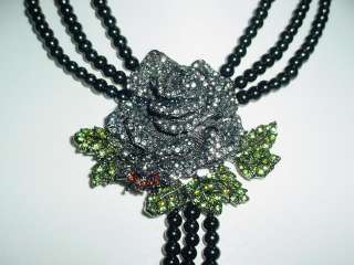 3D ROSE W.BEE BLACK SIMULATED PEARL NECKLACE & EARRING SET  