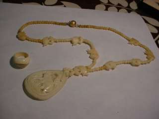 ANTIQUE CARVED OX BONE NECKLACE 14K SOLID GOLD RING VERY OLD  