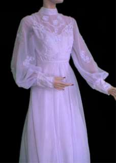 Vtg 80s White Violet Embroidered Wedding Dress S M  