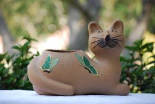 Large Hand Painted Clay Terra Cotta Cat Planter Signed ADORABLE  