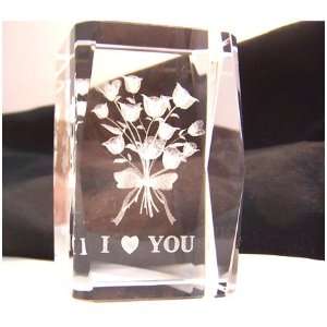  Laser Art Crystal with Rose Bouquet and I Love You Etched 