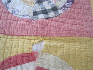 Antique Quilt Wheel of Fortune Variation Red Check Yellow Alternating 