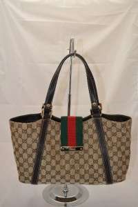 GUCCI GG Web Tote Flap Snap Monogram Canvas Leather Brown Beige 