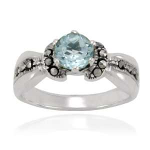  Sterling Silver Marcasite and Faceted Blue Topaz Band Ring 