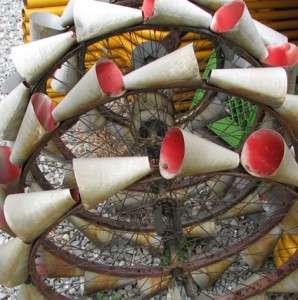  Hand Made Aluminum Cones on Bicycle Rims Wind Sculpture Yard Folk Art