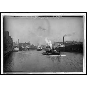   Chicago River scene with steamboat,industrial waterfront,Chicago Home