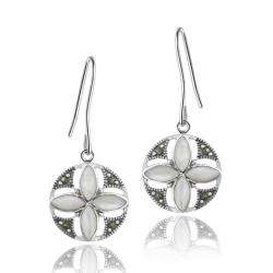   Silver Marcasite and Mother of Pearl Round Flower Dangle Earrings