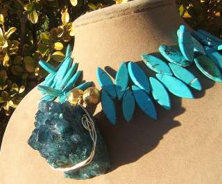 BLUE TURQUOISE MARQUISE GEMS AMETHYST GEODE DRUZY CRYSTAL PENDANT 