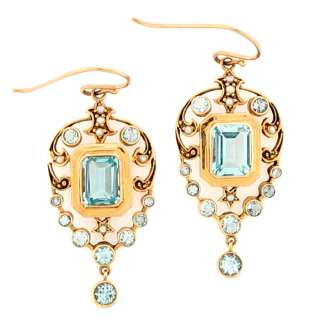 Antique Aquamarine & Pearls Ladies Hanging Earrings 14k  