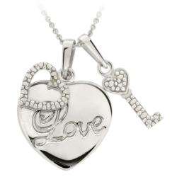 Sterling Silver Diamond Accent Heart and Key Love Charm Necklace 