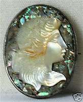 ANTIQUE STERLING SILVER DIANA ABALONE SHELL CAMEO PIN  