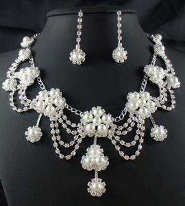   Bridal Pearl crystal necklace earring Sliver Jewelry set TL0360