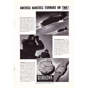 1942 WWII Ad Hamilton Watch America Marches Forward Original War Print 