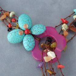 Cotton Butterfly on Flower Gemstones Lariat Wrap Necklace (Thailand 