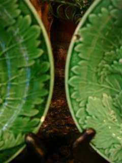PAIR of Antique English Green Majolica Leaf Vine PLATE Pottery ~ TWO 