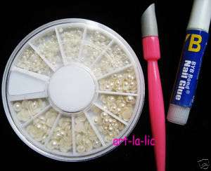 Nail art Pearly White Gems wheel + glue & DIY tool  