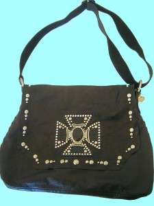   USA Soft Black Leather Swarovski Crystals NEW Large Messenger Bag