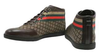 NEW $450 GUCCI MENS BROWN LEATHER/FABRIC HIGH TOP SNEAKER  