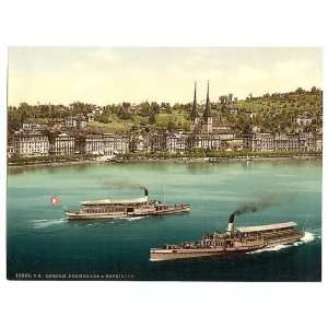   Promenade and cathedral, with two small steamers, Lucerne, Switzerland