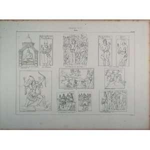  1870 Ancient India Sculpture Gods Bas Relief Lithograph 