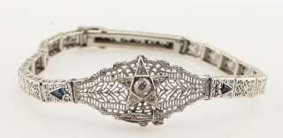 Vintage Order Of Eastern Star 14k White Gold Filigree Diamond Sapphire 