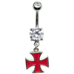  14G 3/8 Iron Cross Charm Belly Barbell Pink Jewelry