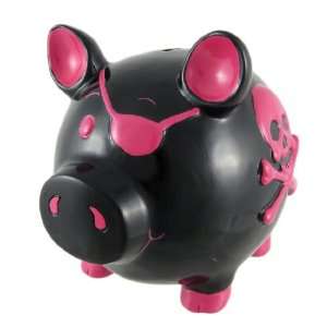  Large Black / Hot Pink Skull & Crossbones Pig Piggy Bank 