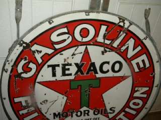 Old Texaco Gasoline Motors Oils Filling Station Sign w/ Ring Early 