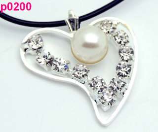 pearl & Crystal heart Charm pendant necklace p0200  