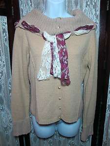 Anthropologie MOTH Lace Scarves Merino Wool Camel Cardigan Sweater M 