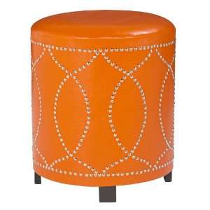    Orange Leather with Nickel Nailhead Round Ottoman
