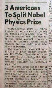 1956 newspaper Shockley NOBEL PRIZE  invents TRANSISTOR  