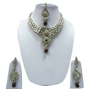  Pcs Polki Necklace Set Bridal Jewelry Faux Gems Stone India Jewelry