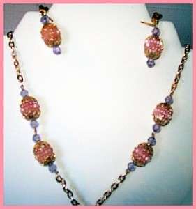 vintage pink lavender raspberry gold filigree beaded necklace earring 