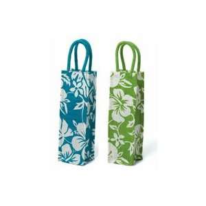  Green & Blue Hawaiian Print Jut Wine Bags w/ Jute Handle 