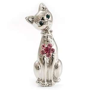  Cute Cat With Green Eyes (Silver Tone) Jewelry