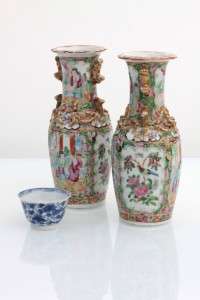 PAIR! antique 19thC Chinese porcelain vases Canton mandarin rose 