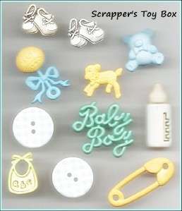 BABY BOY Buttons Scrapbooking Lamb Bib Rattle Safety Pin Shoes Bottle 