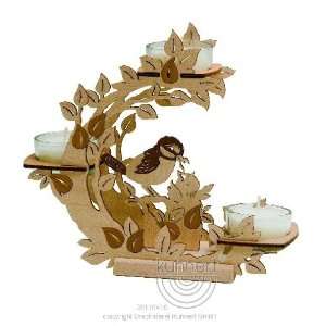   Floral Glass Candle Stand with Bird, Precious Wood.