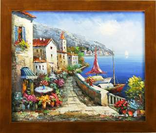 Coastal Terrace Town Boat Mountain FRAMED OIL PAINTING  