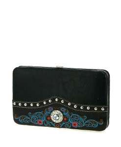 Black Western Embroidered Flower Handbag Flat Wallet  